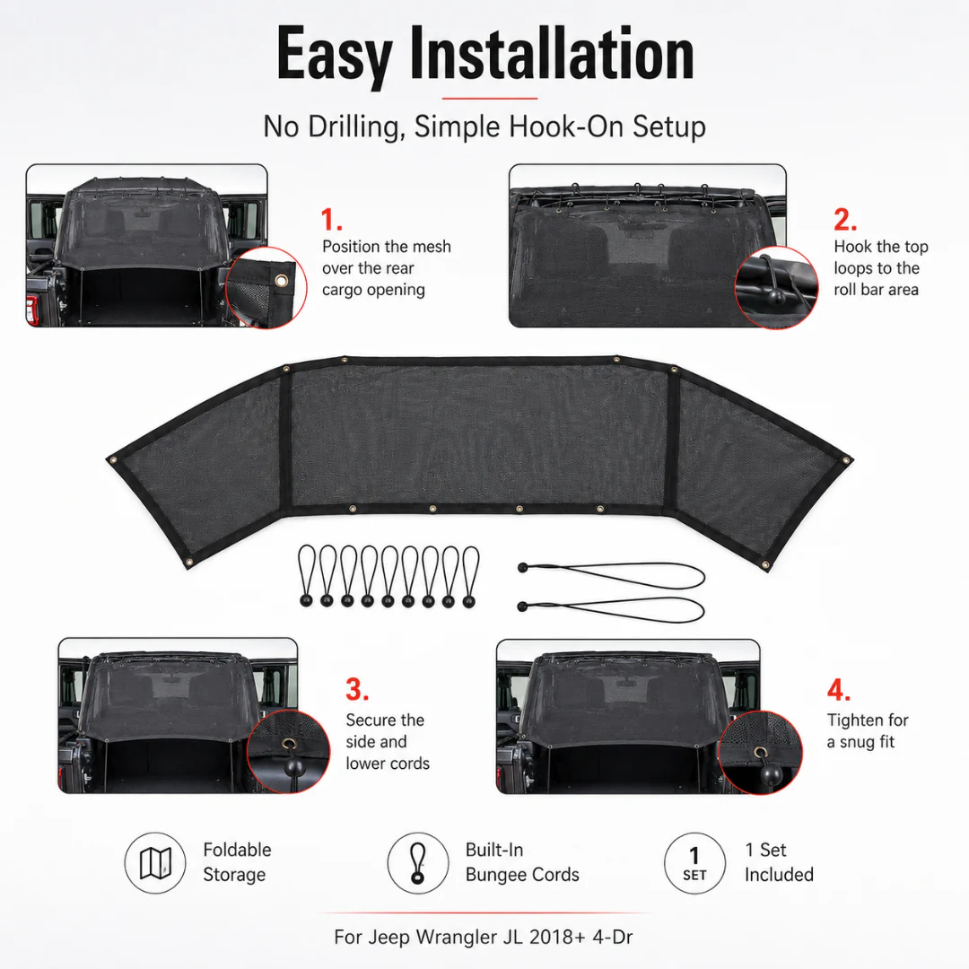 For 2018+ Jeep Wrangler JL 4-Door Trunk Sunshade Mesh Insulation Net Cover Anti-UV - Image 4